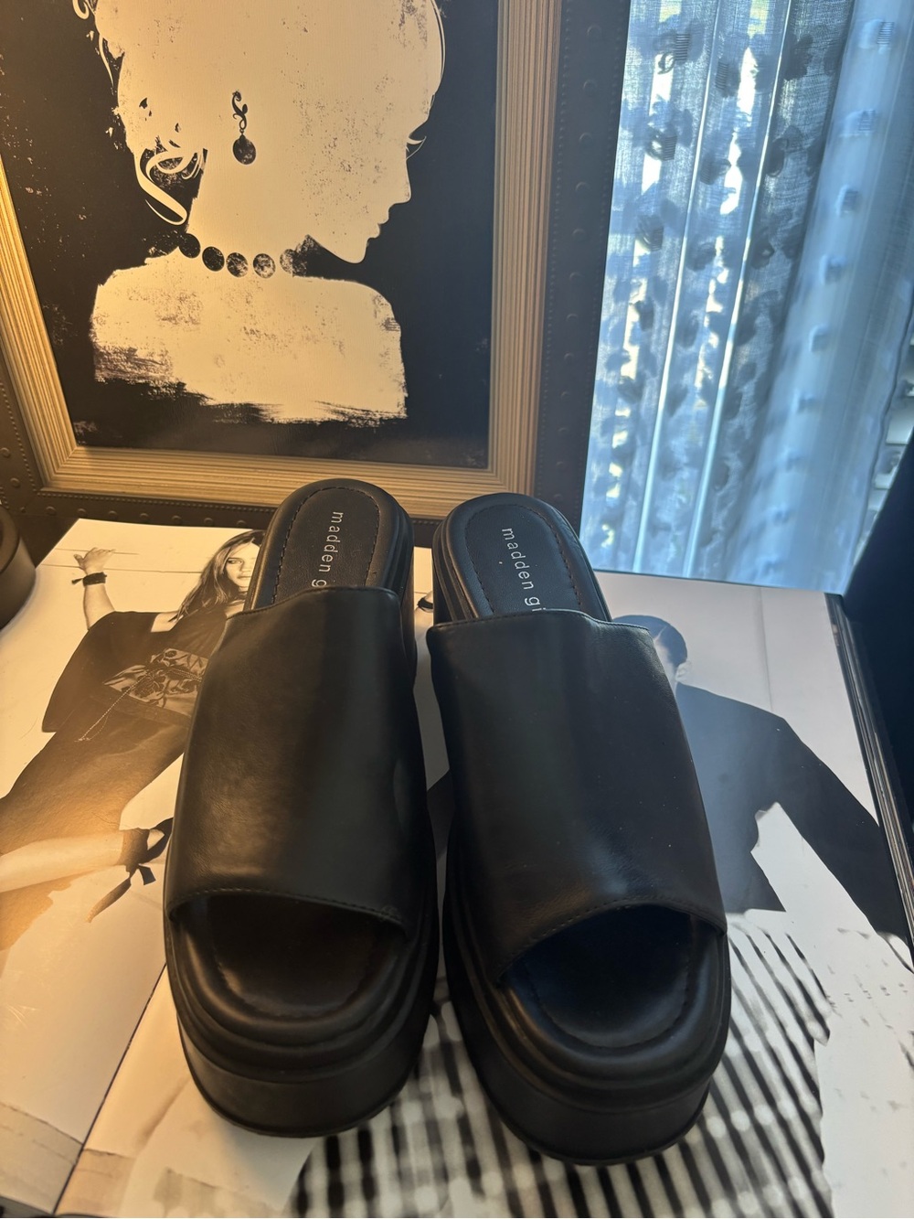 Madden Girl Black Platform Slide Mules